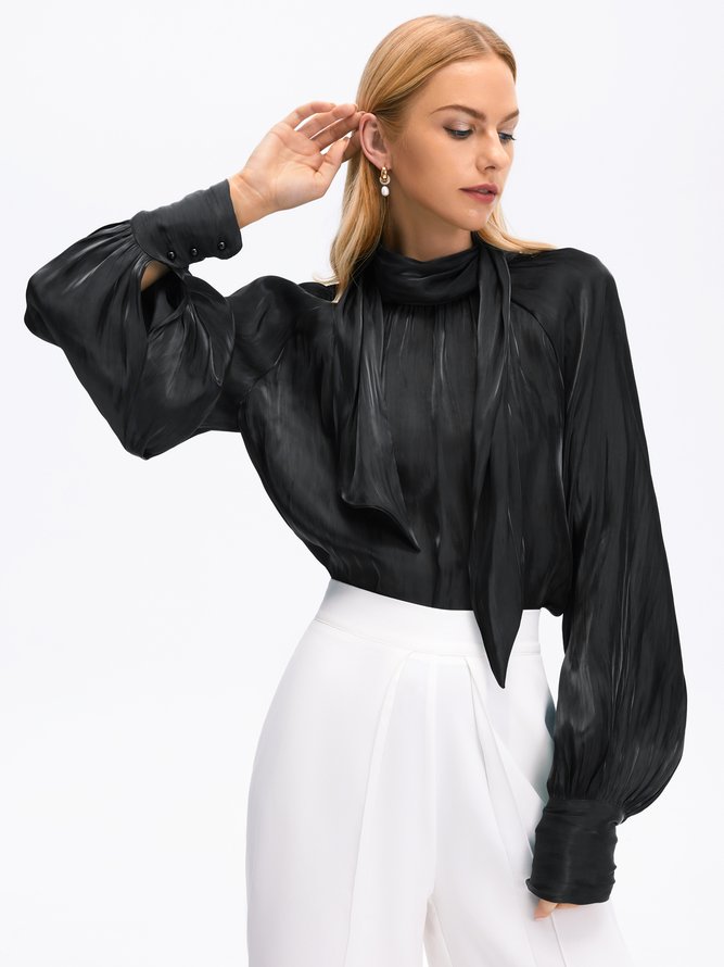 High Neck Loosen Plain Long Sleeve Elegant Top