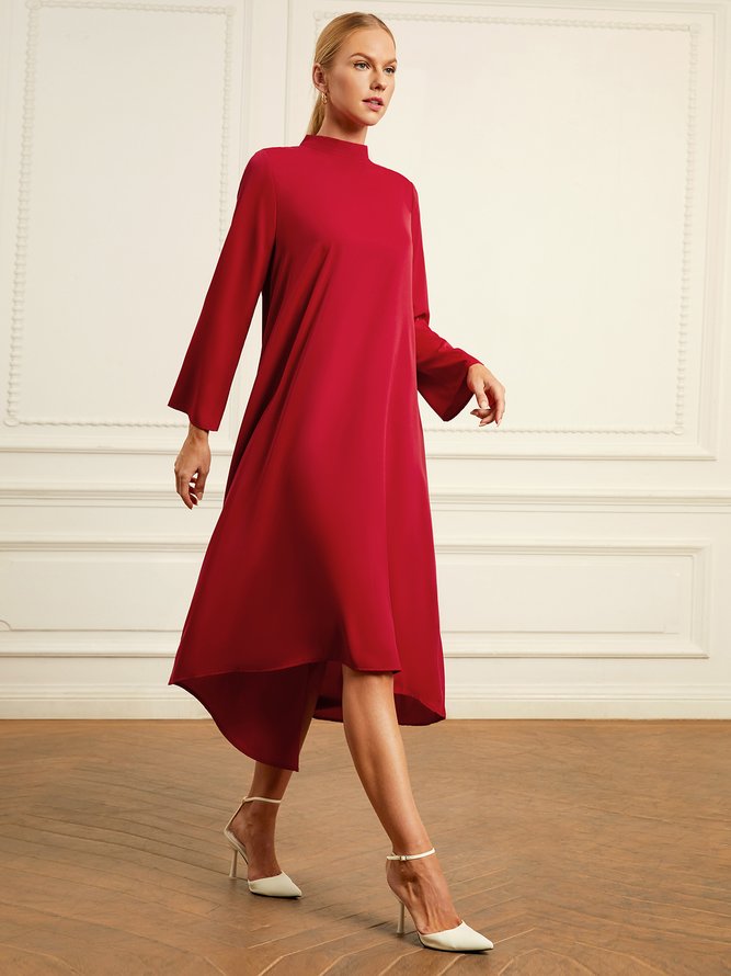 Plain Long sleeve Stand Collar Simple Regular Fit Dress