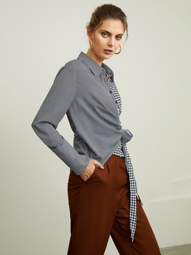 Elegant Houndstooth Long Sleeve Shirt Collar Blouse