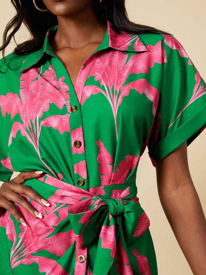 Regular Fit Shirt Collar Vacation Midi Dress