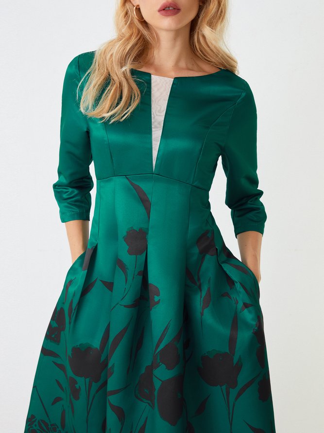 Elegant Floral Printed Three Quarter Midi Dress