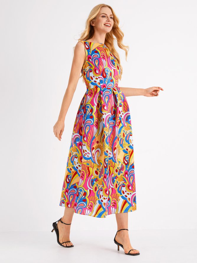 Crew Neck Abstract Elegant Short Sleeve Woven Dress