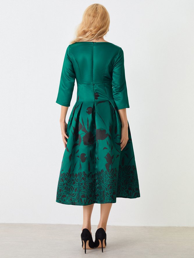 Elegant Floral Printed Three Quarter Midi Dress