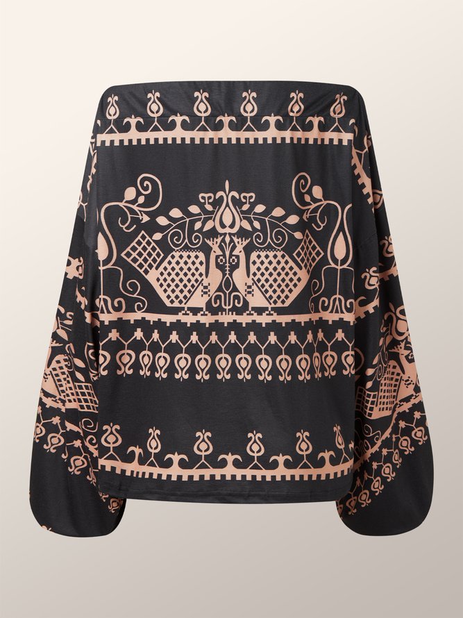 Ethnic Lantern Sleeve Cold Shoulder Loose T-Shirt