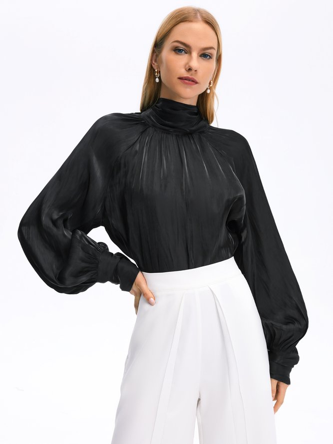 High Neck Loosen Plain Long Sleeve Elegant Top