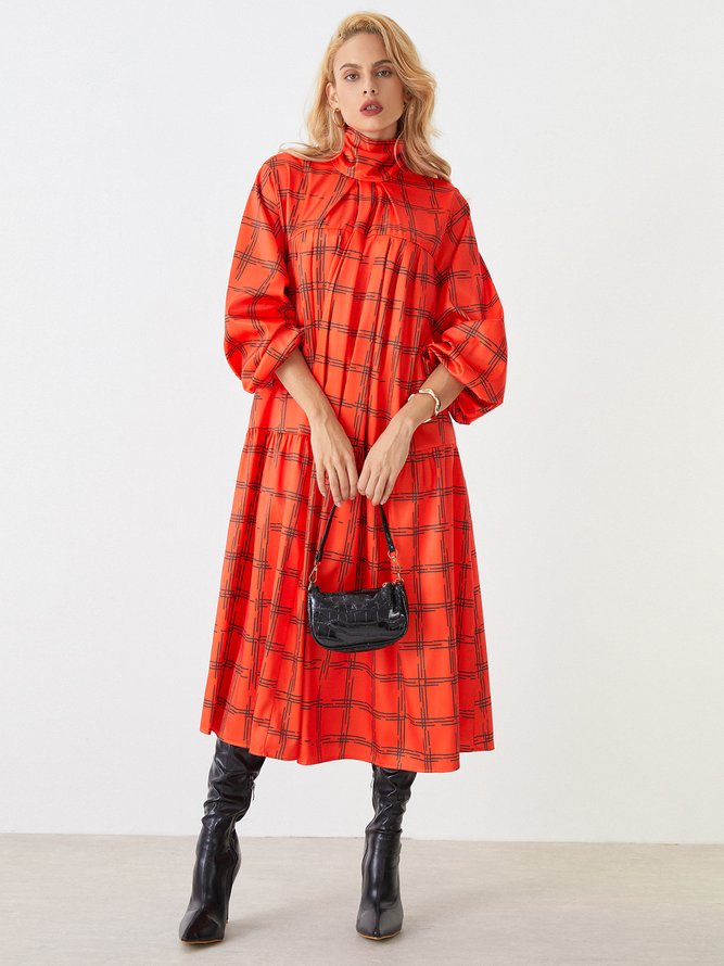 Lantern Sleeve Turtleneck Plaid Elegant Midi Dress