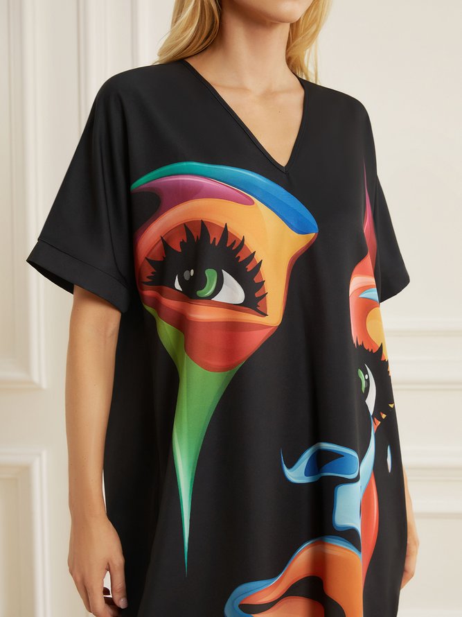 Daily V Neck Loosen Figure Short Sleeve Mini Dress