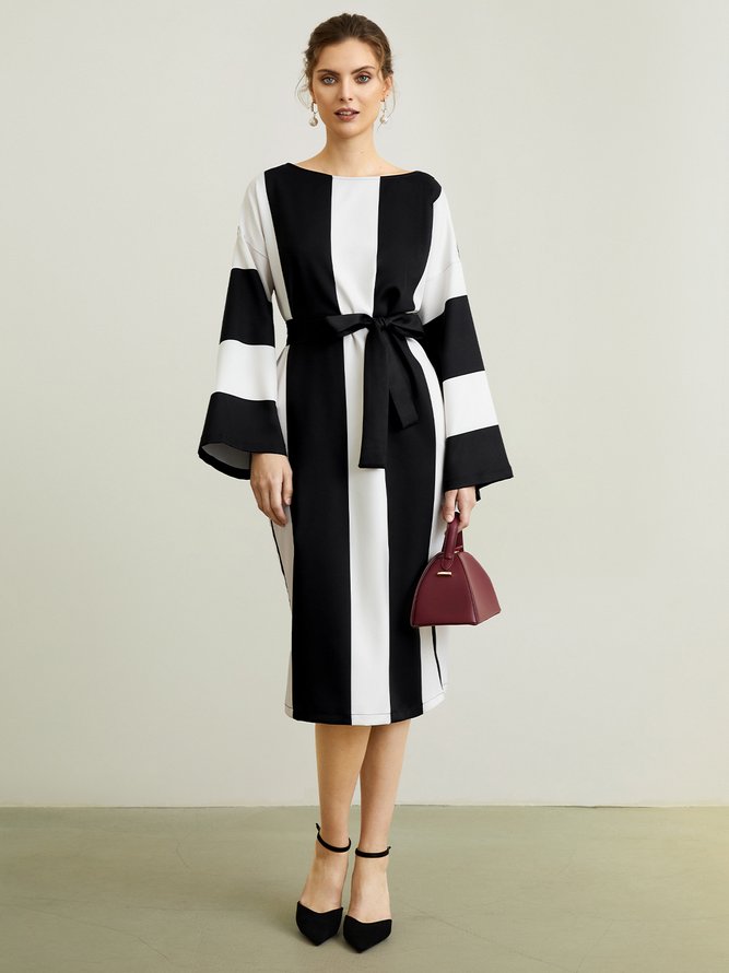 Autumn Crew Neck Long sleeve H-Line Elegant Striped Dress