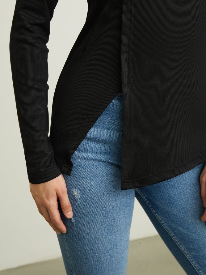 Daily Crew Neck  Split Plain Long Sleeve Knit Top