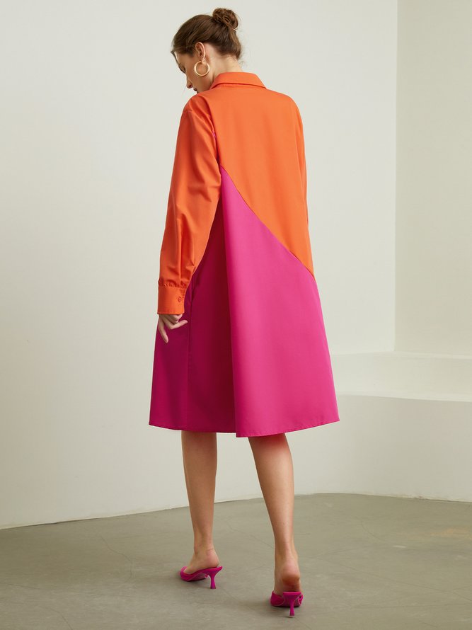 Midi Long sleeve Regular Fit Color Block Shirt Collar Dress