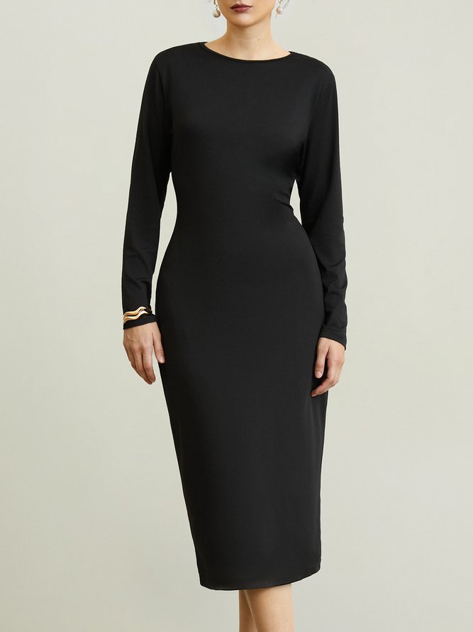 Black Daily Long sleeve Regular Fit Boat Neck Dress