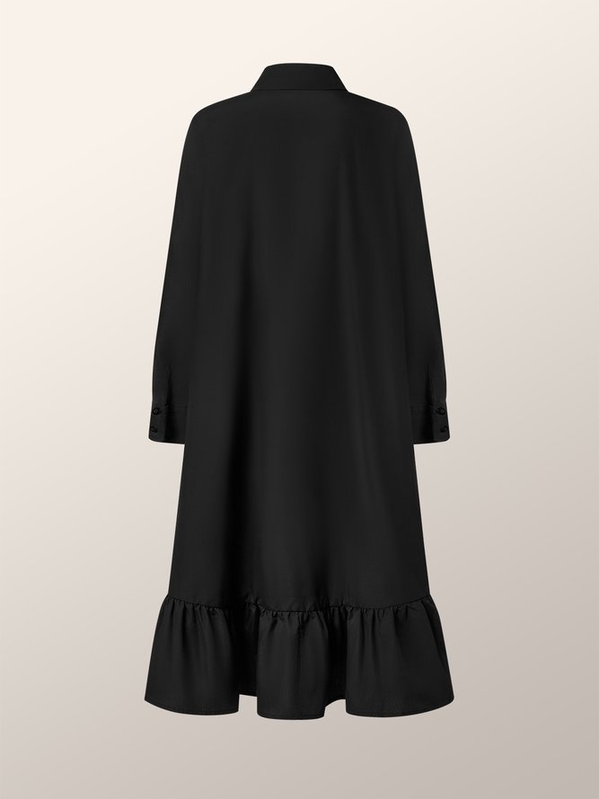 Black Loose Long sleeve Shirt Collar Plain A-Line Shirt Dress