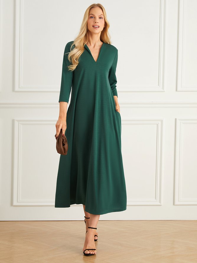 Three Quarter Plain Simple V Neck Maxi Dress