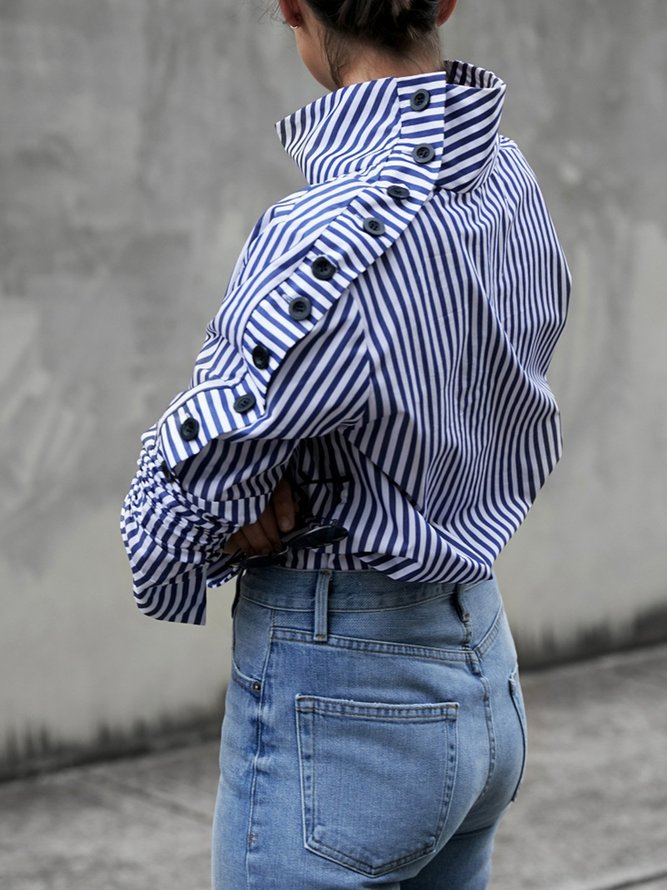 Casual High Neck Striped Long Sleeve Top