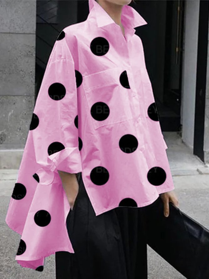 Shirt Collar Polka Dots Shift Elegant Top