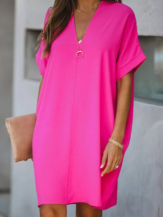 Loosen V Neck Short Sleeve Woven Dress