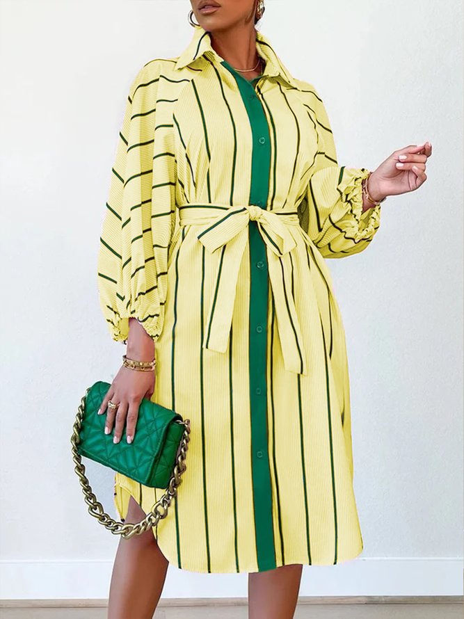 Elegant Loosen Shirt Collar Striped Color Block  Dress