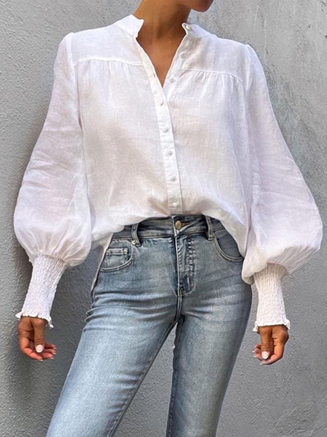 V Neck Lantern Sleeve Loose Plain Blouse