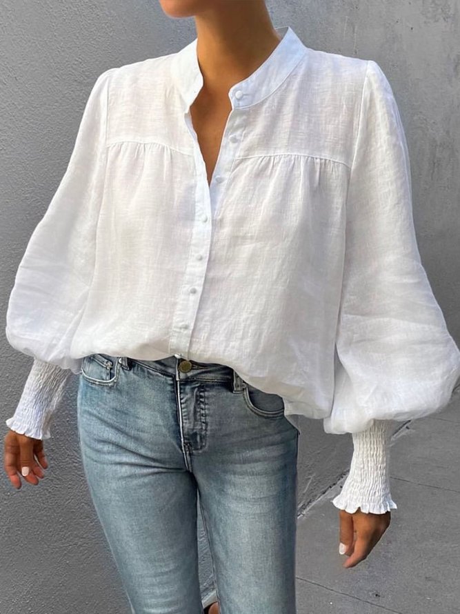 V Neck Lantern Sleeve Loose Plain Blouse