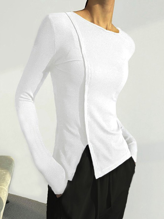 Daily Crew Neck  Split Plain Long Sleeve Knit Top