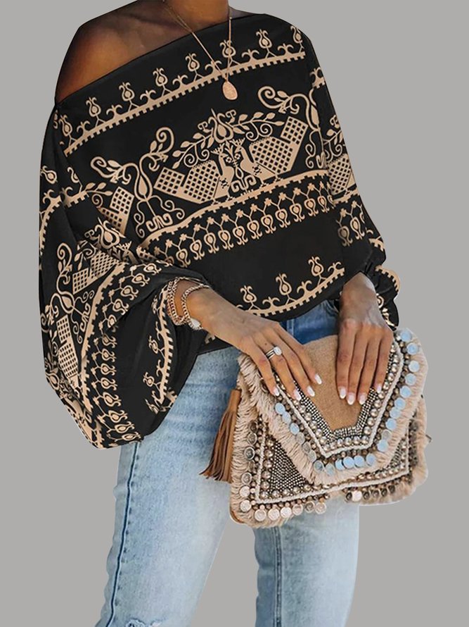 Ethnic Lantern Sleeve Cold Shoulder Loose T-Shirt