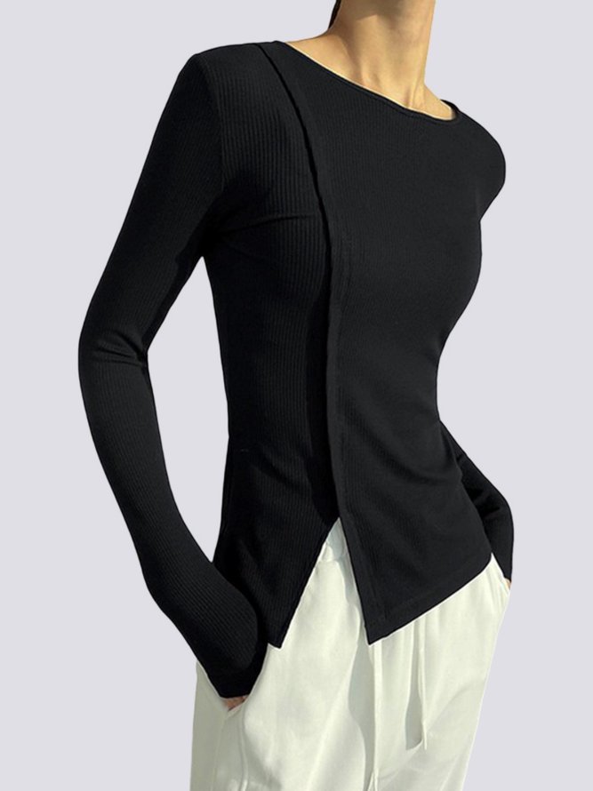 Daily Crew Neck  Split Plain Long Sleeve Knit Top