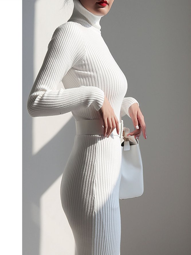 Elegant Turtleneck Plain Simple  Sweater Dress（No Belt)