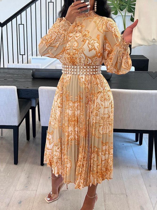 Regular Fit belt not included Half Turtleneck Long sleeve Elegant Floral Long Dress
