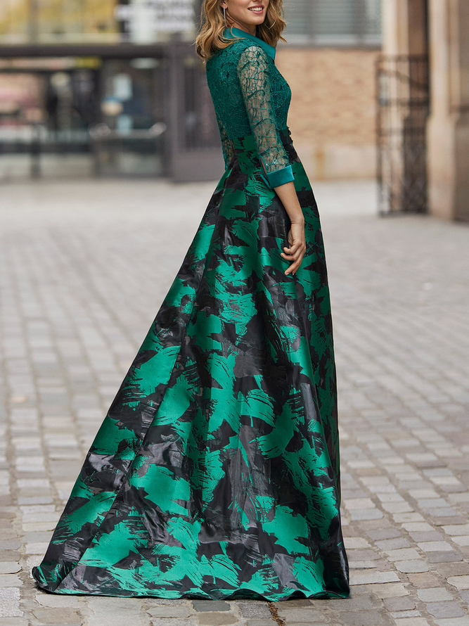 Elegant Shawl Collar Random Print Dress