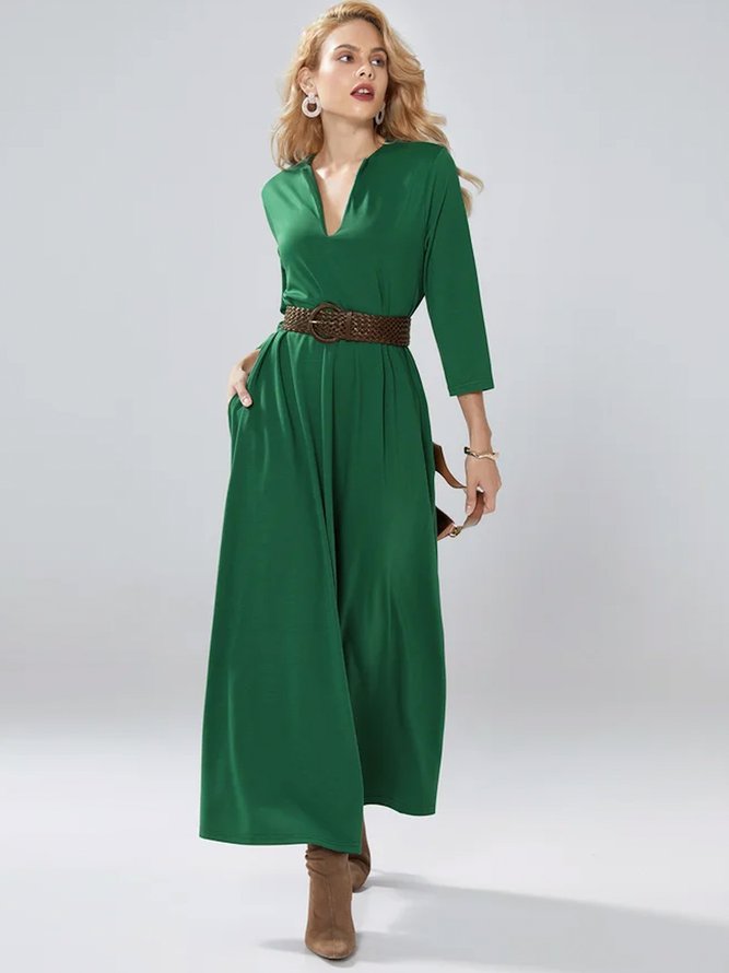 Three Quarter Plain Simple V Neck Maxi Dress