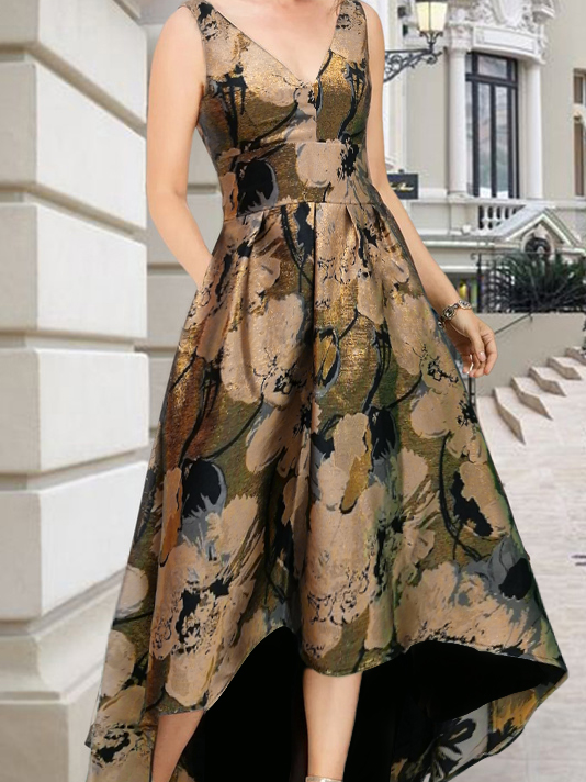Floral Elegant V Neck No Elasticity Midi Dress