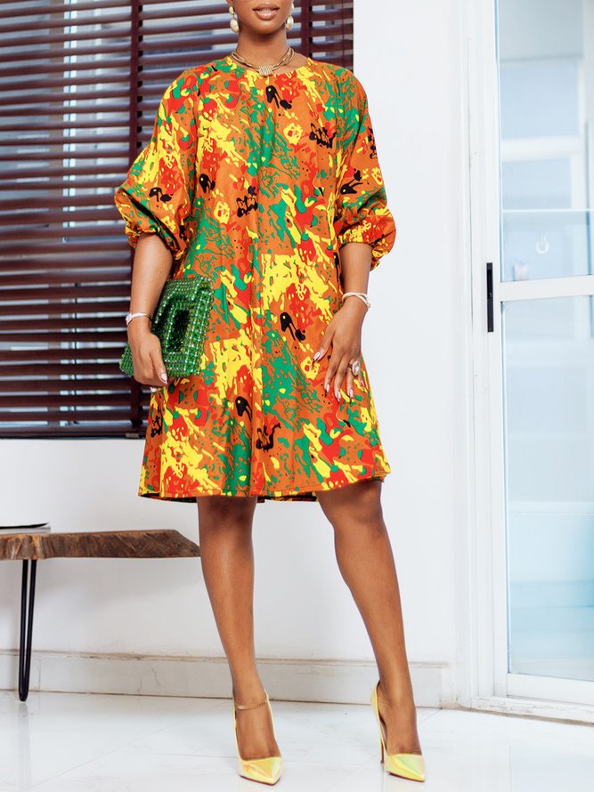 Three Quarter Abstract Graphic Elegant Crew Neck Dress