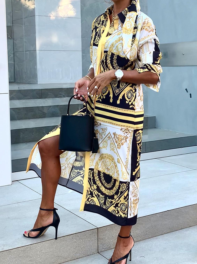 Ethnic Urban Loose Three Quarter Shirt Collar Midi Dress