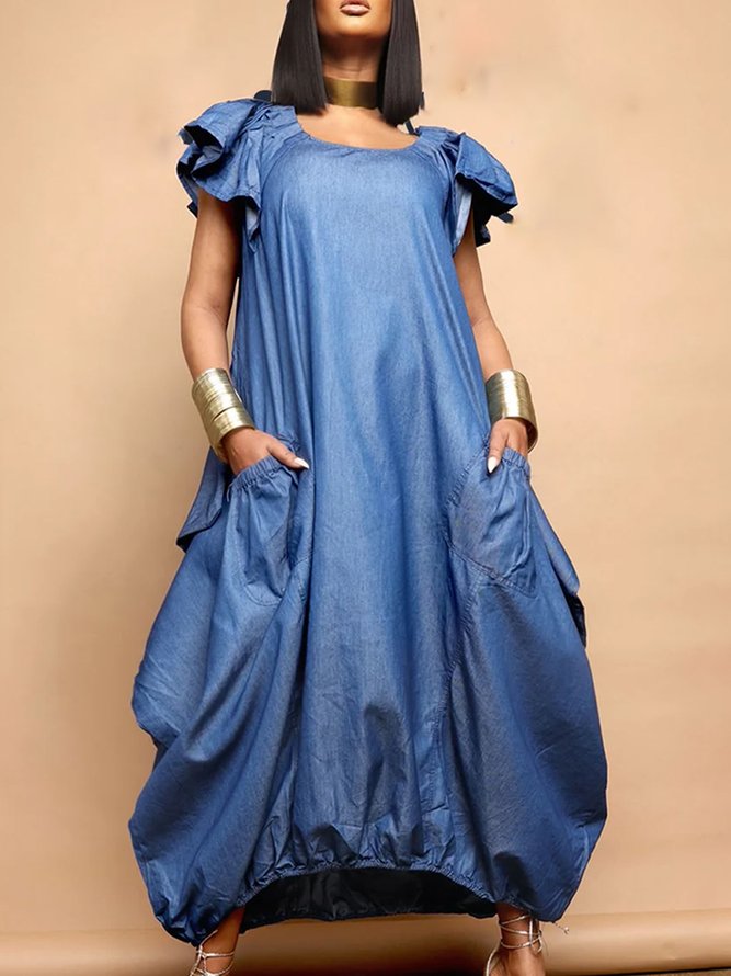 Casual Crew Neck Regular Fit Faux Denim Dress