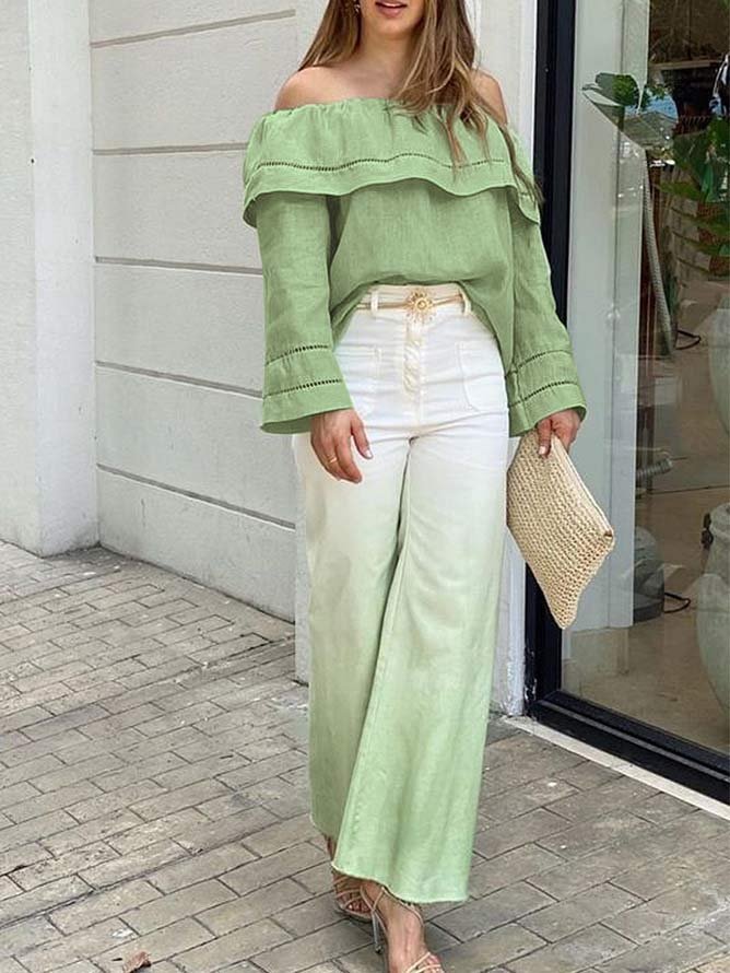 Plain Loose Cold Shoulder Vacation Shirt