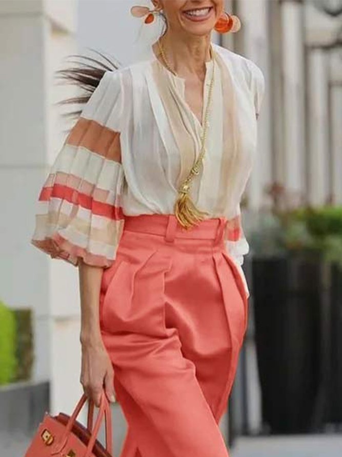 Crew Neck Casual Striped Loosen Blouse