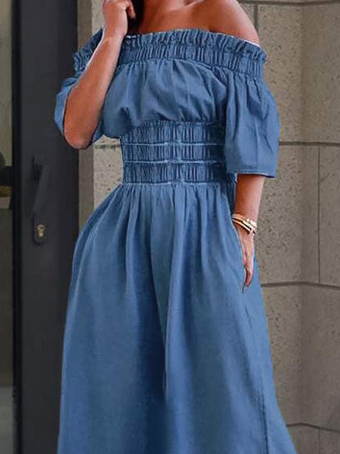Plain Elegant Regular Fit Cold Shoulder Short sleeve Denim Maxi Dress With No Belt