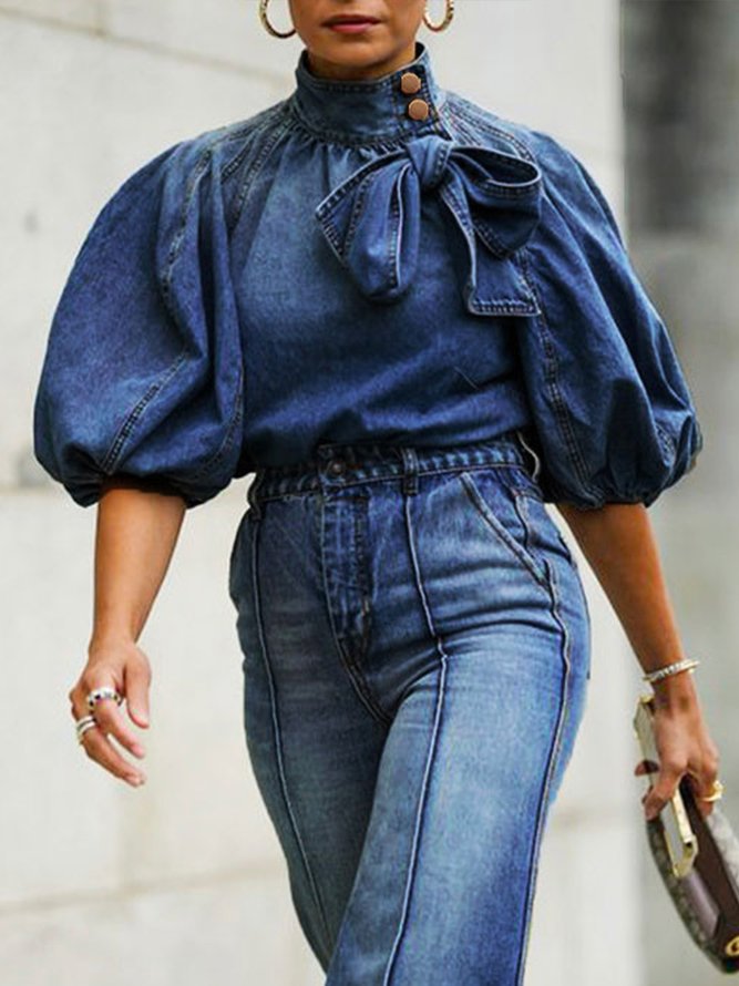 Denim Blouse Casual Stand Collar Regular Fit Plain
