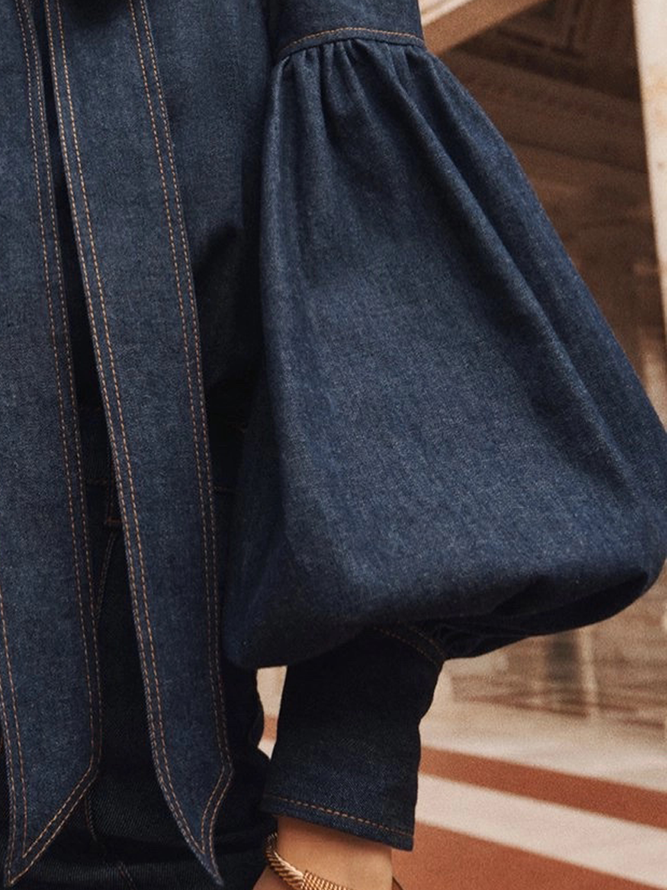 Lightweight Stand Collar Urban Loose Long sleeve Denim Blouse
