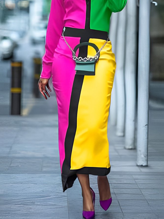 Satin Regular Fit Elegant Color Block Dress
