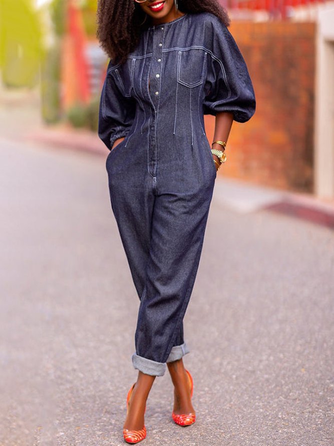 Plain Crew Neck Urban Denim Jumpsuit