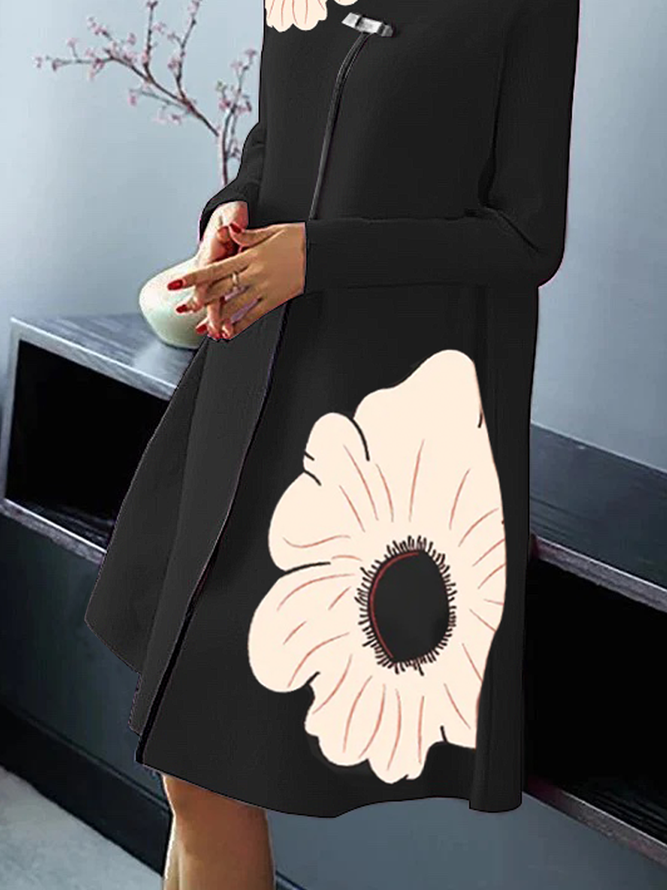 Stand Collar High Elasticity Floral Loose Long Sleeve Urban Short Dress