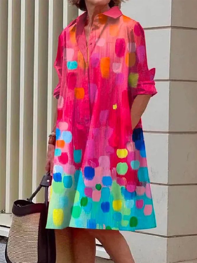 Urban Loose Shirt Collar Abstract Midi Dress With No Belt