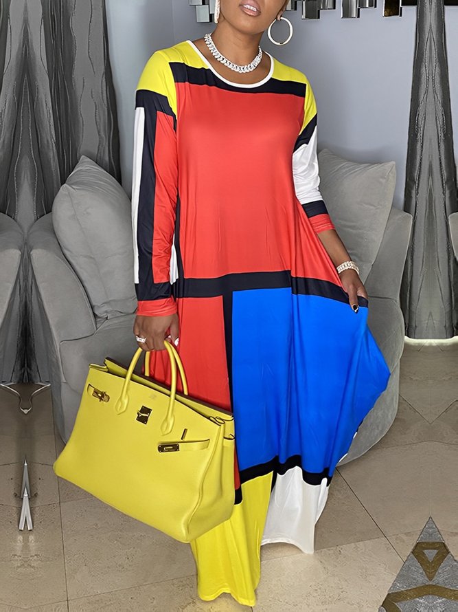 Pocket Stitching Crew Neck Geometric Casual Dress