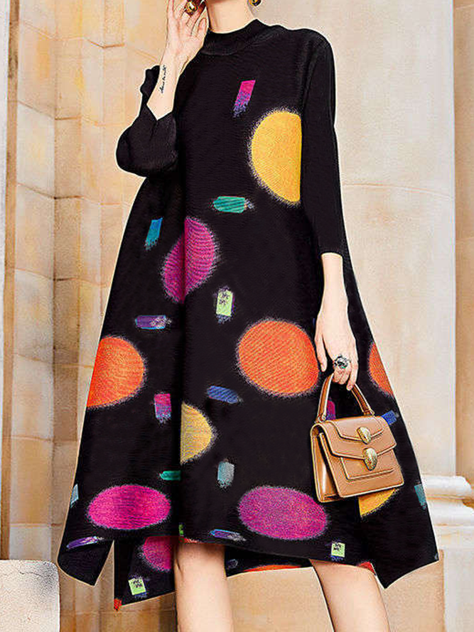 Stand Collar Loose Three Quarter Sleeve Urban Polka Dots Midi Dress