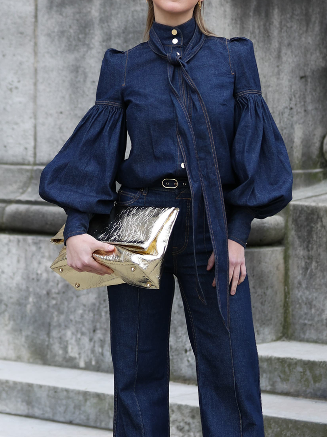 Lightweight Stand Collar Urban Loose Long sleeve Denim Blouse