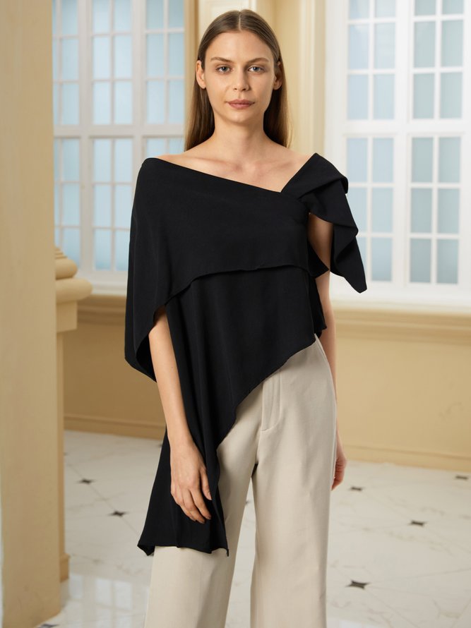 Elegant Solid Off The Shoulder Asymmetric Design Black Top