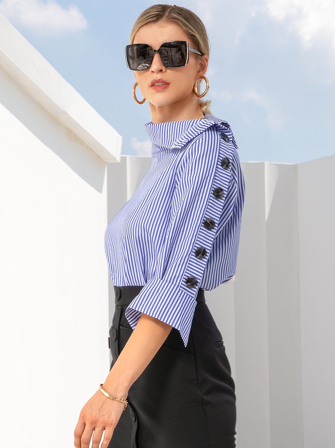 Casual High Neck Striped Long Sleeve Top