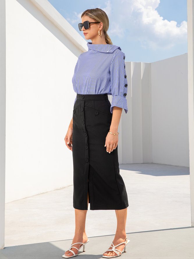 Casual High Neck Striped Long Sleeve Top