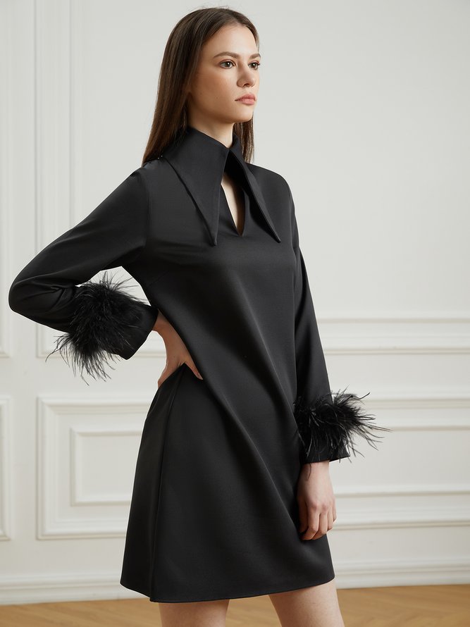 Lady Long Sleeve Solid Regular Fit Mini Dress